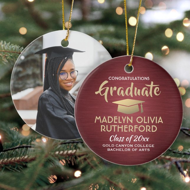 Photo Graduation Congrats Brushed Burgundy & Gold Ceramic Ornament (Creator Uploaded)