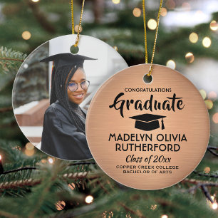 Photo Graduation Congrats Brushed Copper & Black Ceramic Ornament