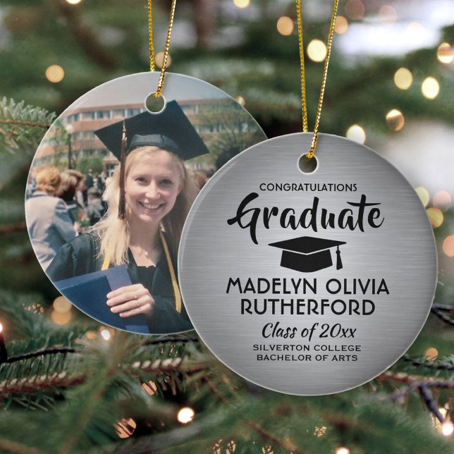 Photo Graduation Congrats Brushed Faux Stainless Ceramic Ornament (Creator Uploaded)