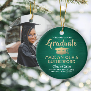 Photo Graduation Congrats Brushed Green Gold White Ceramic Ornament