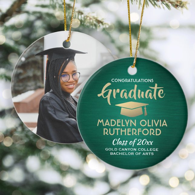 Photo Graduation Congrats Brushed Green Gold White Ceramic Ornament (Creator Uploaded)