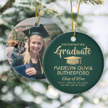 Photo Graduation Congrats Modern Green and Gold Ceramic Ornament<br><div class="desc">Commemorate the graduate's achievement with a custom photo green and gold round graduation Christmas ornament. Picture and all text are simple to customize. Include any favorite inspirational quote, motivational saying, school name and degree, congratulations, thanks mom and dad, or other message of your choice. TO CHANGE BACKGROUND OR TEXT COLORS,...</div>