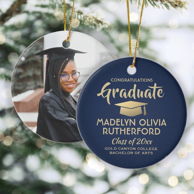 Photo Graduation Congrats Modern Navy Blue & Gold Ceramic Ornament (Creator Uploaded)