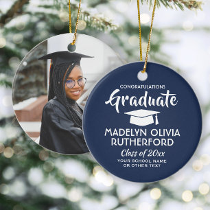 Photo Graduation Congrats Modern Navy Blue & White Ceramic Ornament