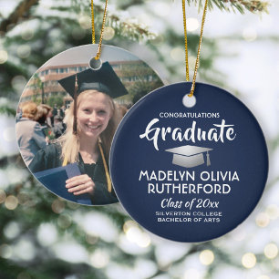 Photo Graduation Congrats Modern Navy Blue & White Ceramic Ornament