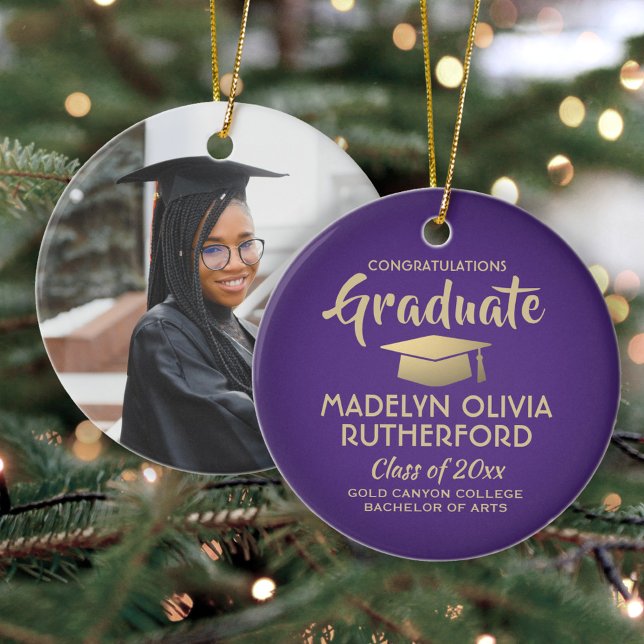 Photo Graduation Congrats Modern Purple and Gold Ceramic Ornament (Creator Uploaded)