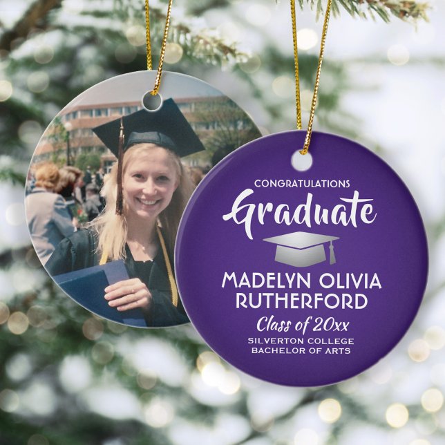 Photo Graduation Congrats Modern Purple and White Ceramic Ornament (Creator Uploaded)