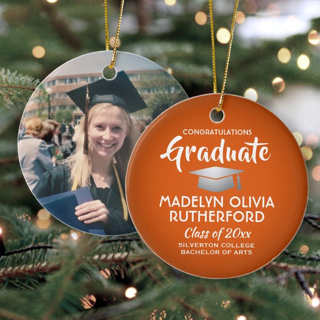 Photo Graduation Congrats Orange White and Silver Ceramic Ornament (Creator Uploaded)