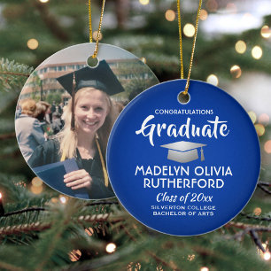 Photo Graduation Congrats Royal Blue and White Ceramic Ornament