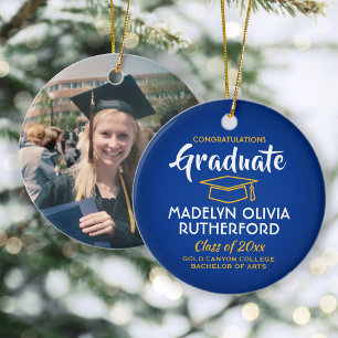 Photo Graduation Congrats Royal Blue Gold Yellow Ceramic Ornament