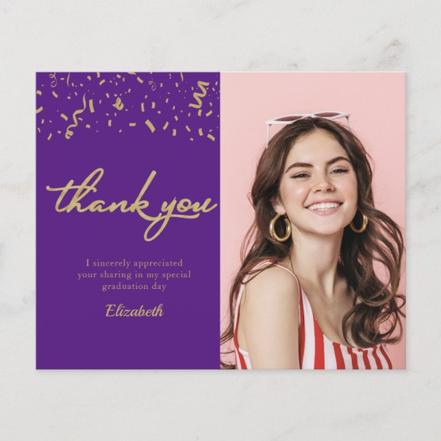 Photo Graduation Gold Purple Budget Thank You Card (Front)