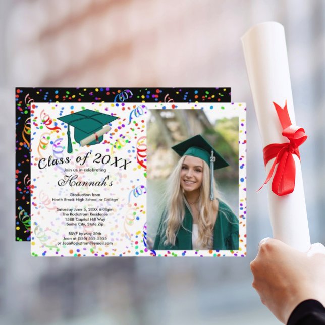 Photo Graduation Green Cap Confetti Class of Party Invitation (Photo Graduation Green Cap Confetti Class of Party Invitation)
