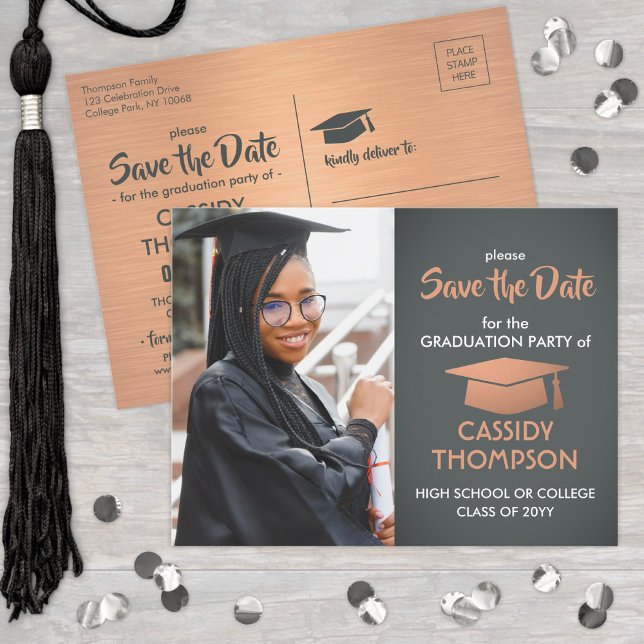 Photo Graduation Grey & Faux Copper Save the Date Postcard (Creator Uploaded)