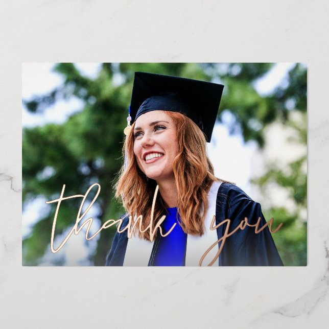Photo Graduation Hat White H Foil Thank You Card  (Front)