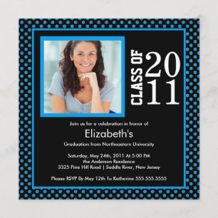 Photo Graduation Invitation Blue Black Polka Dots