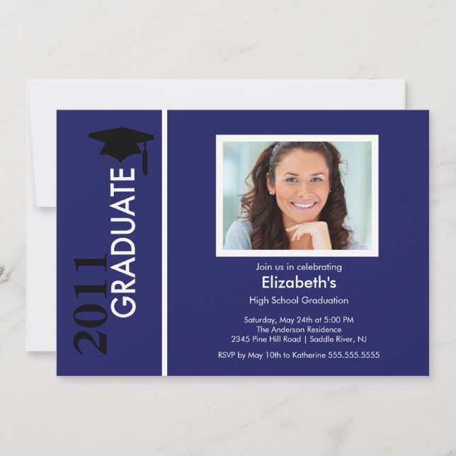 Photo Graduation Invitation Classy Blue & Black (Front)