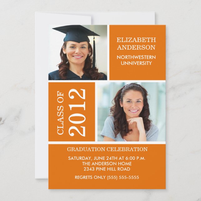 Photo Graduation Invitation ~Classy Orange & White (Front)