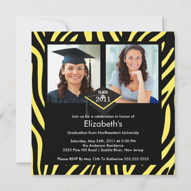 Photo Graduation Invitation Yellow Zebra Print (Front)