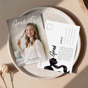 Photo Graduation Modern Black Bow Announcement Postcard