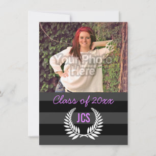 Photo Graduation Monogram Black Purple Preppy Invitation