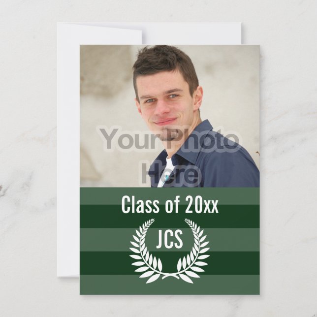 Photo Graduation Monogram Laurel Green Stripe Invitation (Front)
