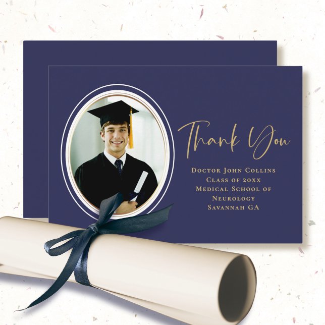Photo Graduation Navy Blue Gold Script Minimal Thank You Card (Creator Uploaded)