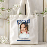 Photo Graduation Party Elegant Modern Script Tote<br><div class="desc">Photo Graduation Party Elegant Modern Script Tote Bag feature your favourite photo with the simple blue text "Grad (year)" and your name and personalised graduation details on the front. Perfect for the grad as a graduation gift or graduation party decor. Created by ©2023 Evco Studio www.zazzle.com/store/evcostudio</div>