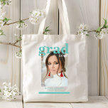 Photo Graduation Party Elegant Modern Script Tote Bag<br><div class="desc">Photo Graduation Party Elegant Modern Script Tote Bag feature your favourite photo with the simple turquoise text "Grad (year)" and your name and personalised graduation details on the front. Perfect for the grad as a graduation gift or graduation party decor. Created by ©2023 Evco Studio www.zazzle.com/store/evcostudio</div>