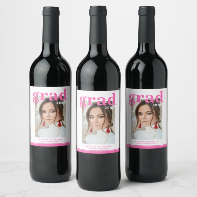 Photo Graduation Party Elegant Modern Script Wine Label (Bottles)