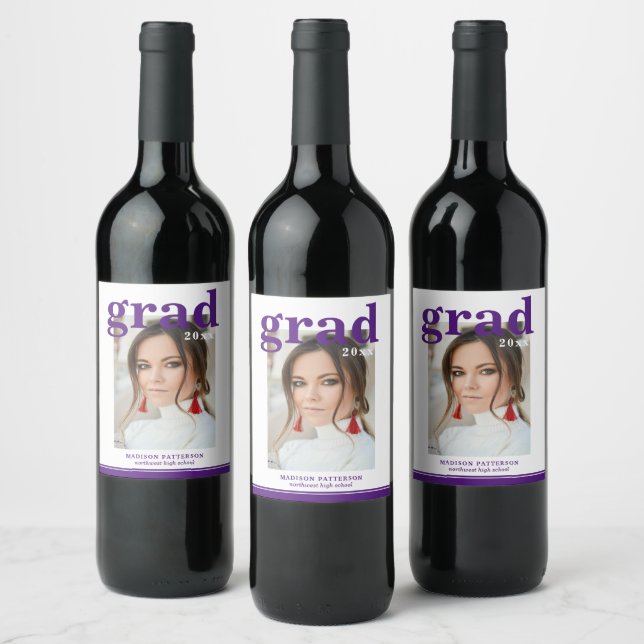 Photo Graduation Party Elegant Modern Script Wine Label (Bottles)