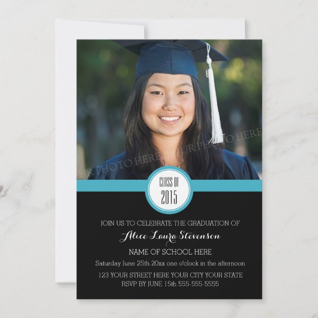 Photo Graduation Party Invitation Black Blue (Front)