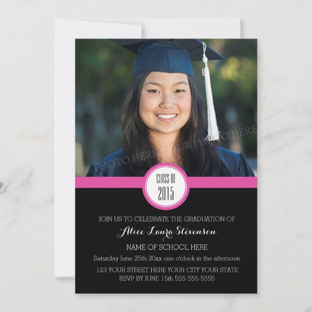 Photo Graduation Party Invitation Black Pink (Front)