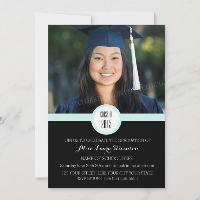 Photo Graduation Party Invitation Black Sky Blue (Front)