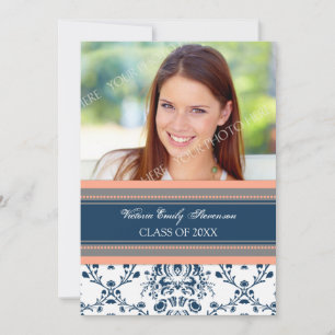 Photo Graduation Party Invitation Card Blue Damask