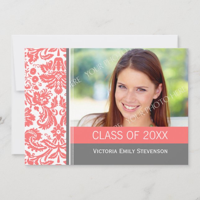 Photo Graduation Party Invitation Coral Grey (Front)