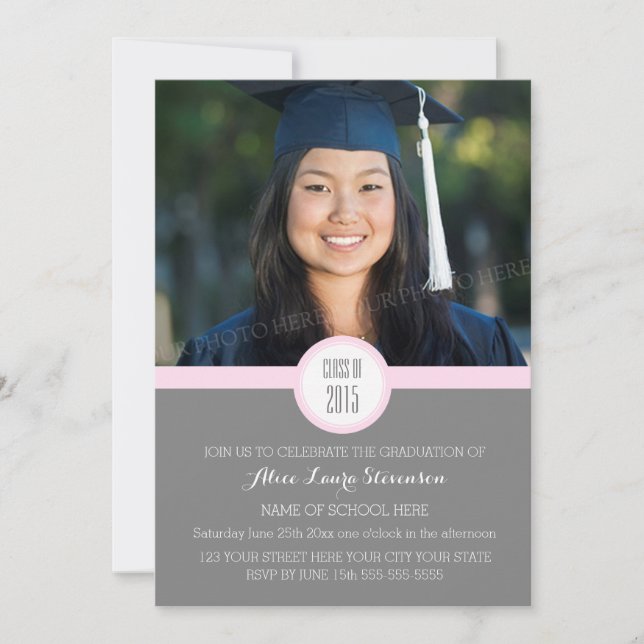 Photo Graduation Party Invitation Grey Pink (Front)