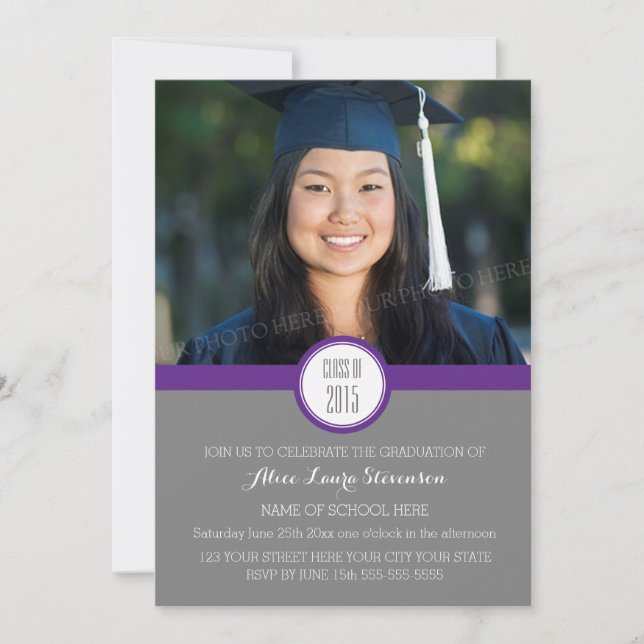 Photo Graduation Party Invitation Grey Purple (Front)