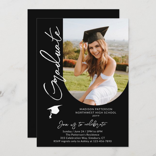 Photo Graduation Party Modern Elegant Script Invitation (Front/Back)