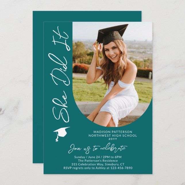 Photo Graduation Party Modern Elegant Script Invitation (Front/Back)