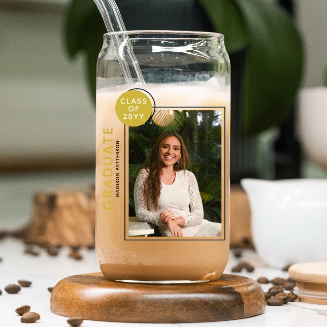 Photo Graduation Party Modern Script Black Gold Can Glass (Creator Uploaded)