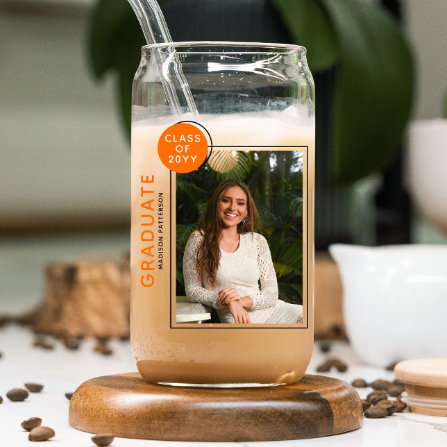 Photo Graduation Party Modern Script Black Orange Can Glass (Creator Uploaded)