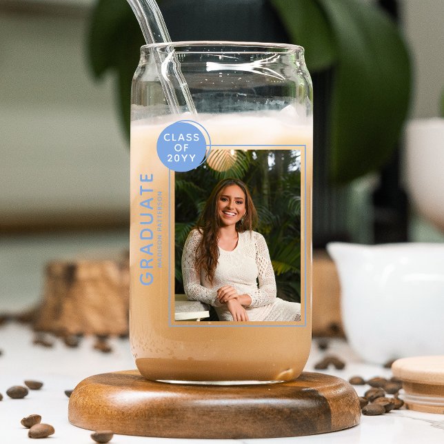 Photo Graduation Party Modern Script Blue Can Glass (Creator Uploaded)