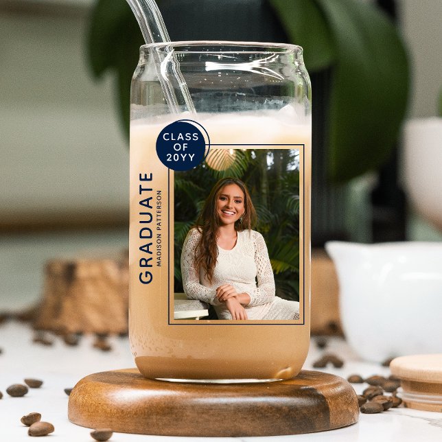 Photo Graduation Party Modern Script Blue Can Glass (Creator Uploaded)