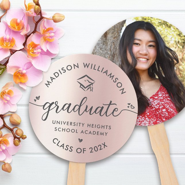 Photo Graduation Pink Rose Gold Script Hearts Cap Hand Fan (Creator Uploaded)