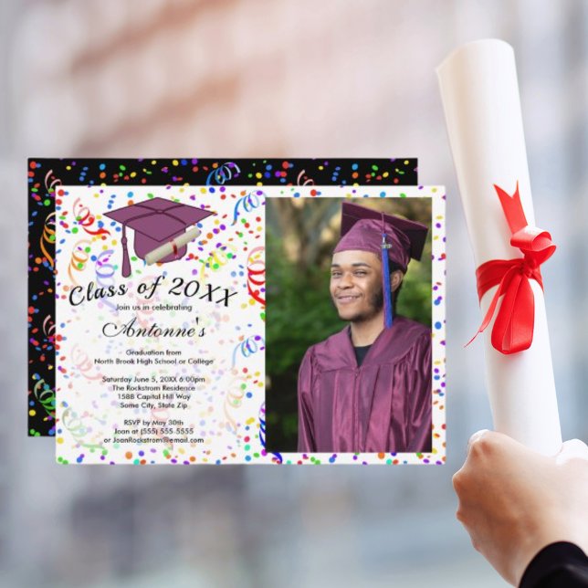 Photo Graduation Purple Grad Cap Confetti Party Invitation (Photo Graduation Purple Grad Cap Confetti Party Invitation)
