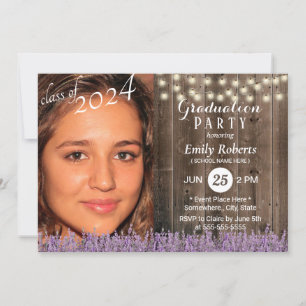 Photo Graduation Rustic Wood Lavender Floral Invitation