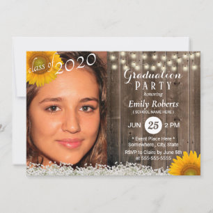 Photo Graduation Rustic Wood Sunflower Floral Invitation