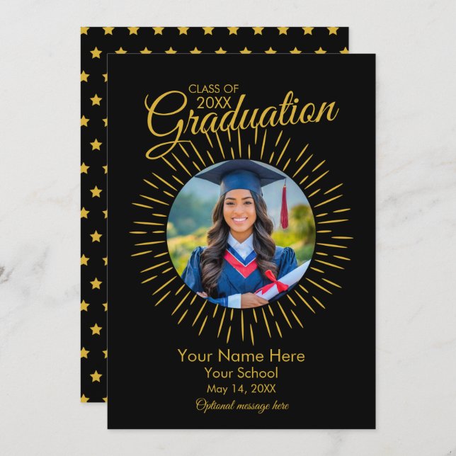 Photo Graduation Star Announcement (Black & Gold) (Front/Back)