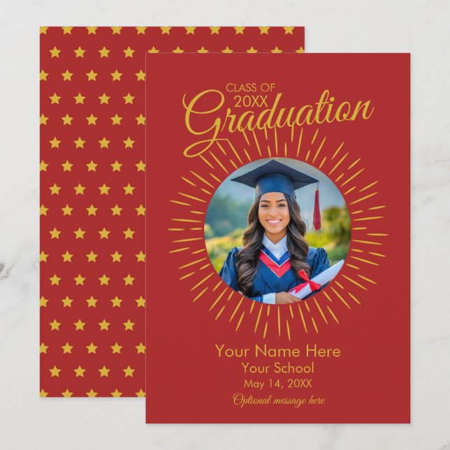 Photo Graduation Star Announcement (Red & Gold) (Front/Back)
