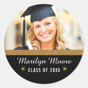 Photo Graduation Sticker Gold Glitter Band Round